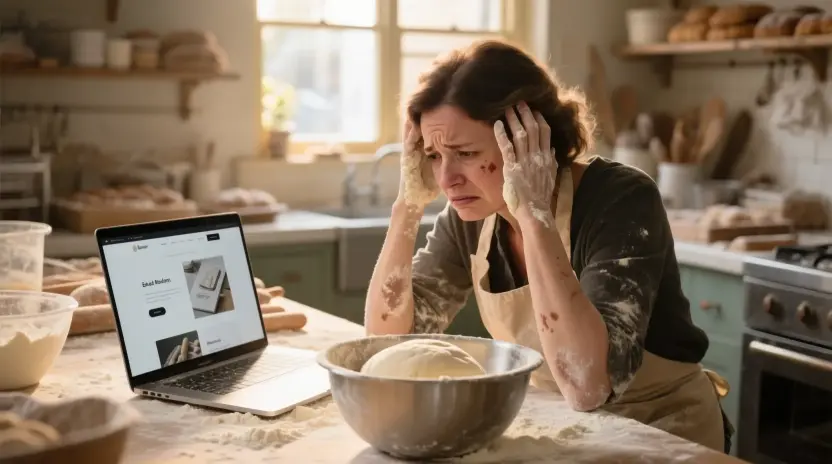 Frustrated baker sits in front of computer